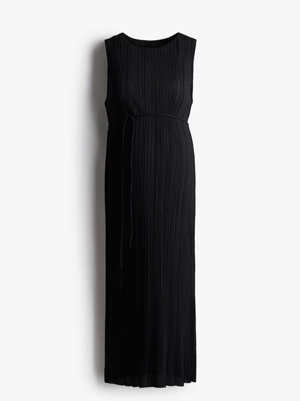H&M MAMA Black Plissé Midi Dress with Waist Tie Size Large